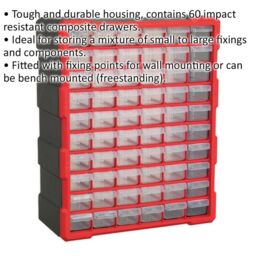 Loops 380 x 160 x 475mm 60 Drawer Parts Cabinet - RED - Wall Mounted / Standing Box - thumbnail 2