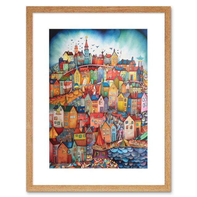 "Artery8 Wall Art Print Abstract Fishing Village Folk Artwork Framed 9X7 Inch in Beige - Size: W7"" x H9""" - image 1