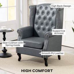 HOMCOM Chesterfield-style Wing Back Armchair Tufted Accent Chair Grey - Size: 1 Seater - thumbnail 4