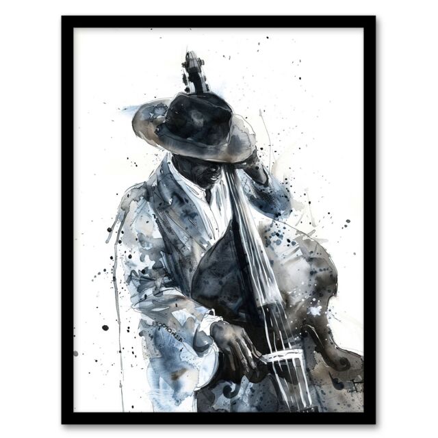 "Artery8 Jazz Music Double Bass Player Watercolour Framed Art Print in Grey - Size: W12"" x H16""" - image 1