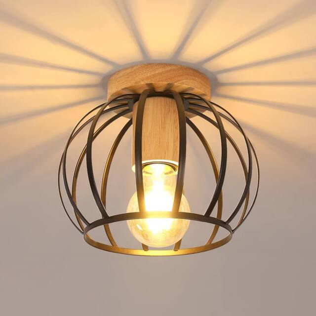 Goeco Vintage Ceiling Light, E27 Retro Chandelier Black with Wooden Base - image 1