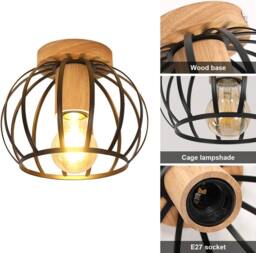 Goeco Vintage Ceiling Light, E27 Retro Chandelier Black with Wooden Base - thumbnail 8