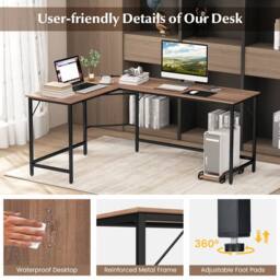 Costway L Shaped Home Office Desk Computer Corner Desk Gaming Table with CPU Stand in Natural - thumbnail 5