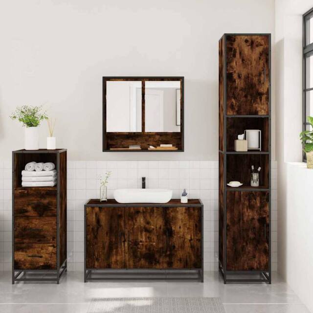 Berkfield Home Durable 3 Piece Bathroom Furniture Set Smoked Oak Engineered Wood in Brown - image 1