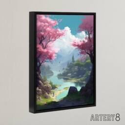 "Artery8 Cherry Blossoms In Forest Lake Landscape Framed Canvas Wall Art Print in Blue - Size: W12"" x H16""" - thumbnail 2