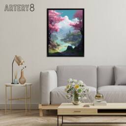 "Artery8 Cherry Blossoms In Forest Lake Landscape Framed Canvas Wall Art Print in Blue - Size: W12"" x H16""" - thumbnail 3