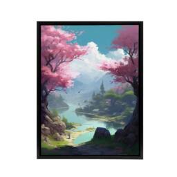 "Artery8 Cherry Blossoms In Forest Lake Landscape Framed Canvas Wall Art Print in Blue - Size: W12"" x H16""" - thumbnail 1