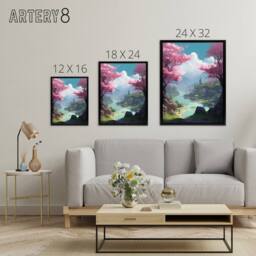 "Artery8 Cherry Blossoms In Forest Lake Landscape Framed Canvas Wall Art Print in Blue - Size: W12"" x H16""" - thumbnail 4