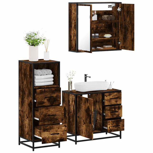 Berkfield Home 3 Piece Bathroom Furniture Set Smoked Oak Engineered Wood in Brown - image 1