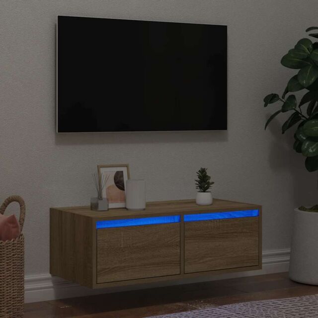 Berkfield Home TV Cabinet with LED Lights Sonoma Oak 75x35.5x25 cm in Brown - image 1