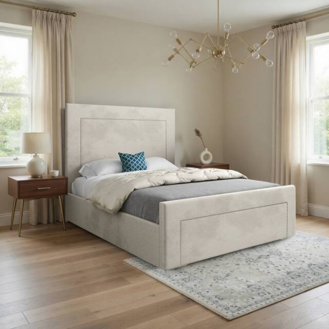 Casani Kemsing Upholstered Beige Soft Velvet Designer Bed Frame in Cream - Size: Super King - image 1