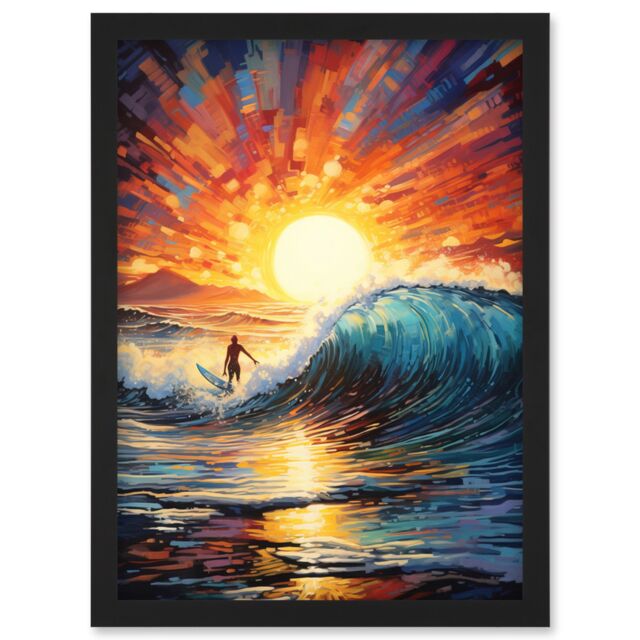 Artery8 Wall Art Print Sunset Surf Waves Surfing Artwork Vibrant Blue Purple Orange Setting Sun Behind Surfer in Wavy Seascape Artwork Framed A4 - image 1