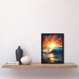 Artery8 Wall Art Print Sunset Surf Waves Surfing Artwork Vibrant Blue Purple Orange Setting Sun Behind Surfer in Wavy Seascape Artwork Framed A4 - thumbnail 2