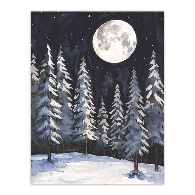 "Artery8 Full Moon Over Winter Forest Landscape Snowy Trees Wall Art Print in Grey - Size: W24"" x H32""" - image 1