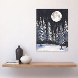 "Artery8 Full Moon Over Winter Forest Landscape Snowy Trees Wall Art Print in Grey - Size: W24"" x H32""" - thumbnail 4