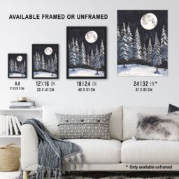 "Artery8 Full Moon Over Winter Forest Landscape Snowy Trees Wall Art Print in Grey - Size: W24"" x H32""" - thumbnail 3