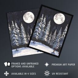 "Artery8 Full Moon Over Winter Forest Landscape Snowy Trees Wall Art Print in Grey - Size: W24"" x H32""" - thumbnail 2