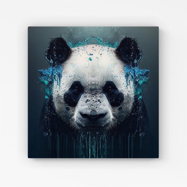 Warren Reed - Designer Panda Face Splashart Dark Background Canvas in Blue - Size: w10 inch x h10 inch - image 1