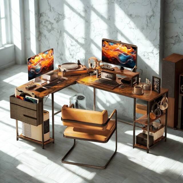 FURNOS Industrial Large Adjustable L Shaped Computer Desk in Brown - image 1