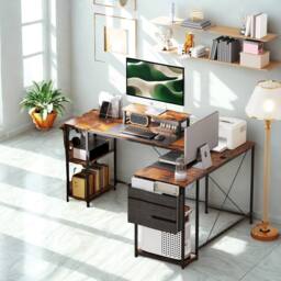FURNOS Industrial Large Adjustable L Shaped Computer Desk in Brown - thumbnail 3