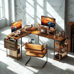 FURNOS Industrial Large Adjustable L Shaped Computer Desk in Brown - thumbnail 1