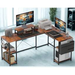 FURNOS Industrial Large Adjustable L Shaped Computer Desk in Brown - thumbnail 6