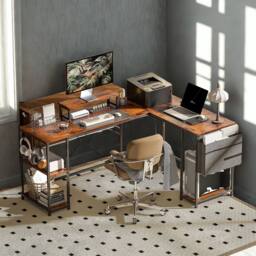 FURNOS Industrial Large Adjustable L Shaped Computer Desk in Brown - thumbnail 5