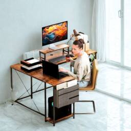 FURNOS Industrial Large Adjustable L Shaped Computer Desk in Brown - thumbnail 4