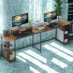 FURNOS Industrial Large Adjustable L Shaped Computer Desk in Brown - thumbnail 2