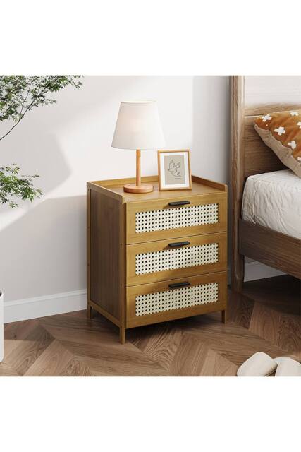 Living and Home 3-Drawer Narrow Bamboo Bedside Table with Plastic Rattan Details in Brown - image 1