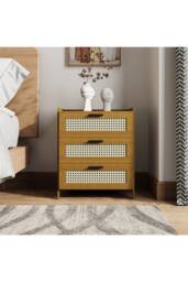 Living and Home 3-Drawer Narrow Bamboo Bedside Table with Plastic Rattan Details in Brown - thumbnail 2