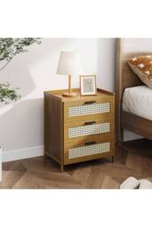 Living and Home 3-Drawer Narrow Bamboo Bedside Table with Plastic Rattan Details in Brown