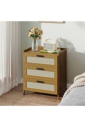 Living and Home 3-Drawer Narrow Bamboo Bedside Table with Plastic Rattan Details in Brown - thumbnail 3