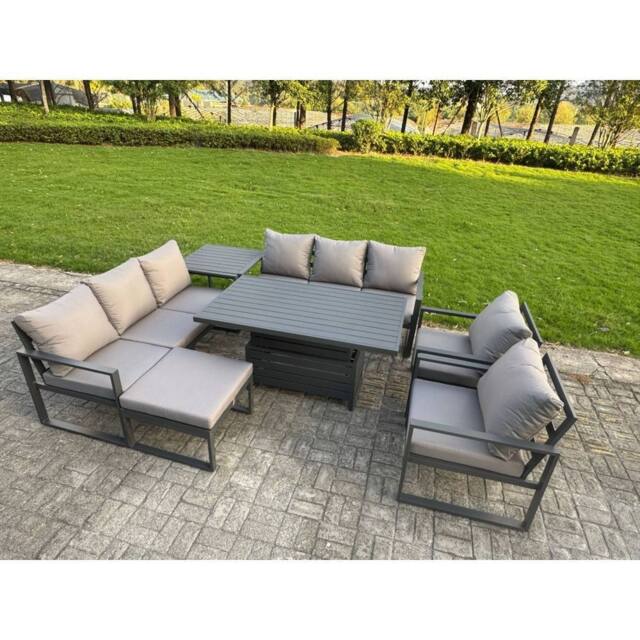 Fimous Aluminum 9-Seater Patio Set with Lifting Table, 2 Chairs & Big Stool in Dark Grey - image 1