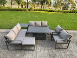 Fimous Aluminum 9-Seater Patio Set with Lifting Table, 2 Chairs & Big Stool in Dark Grey - thumbnail 2