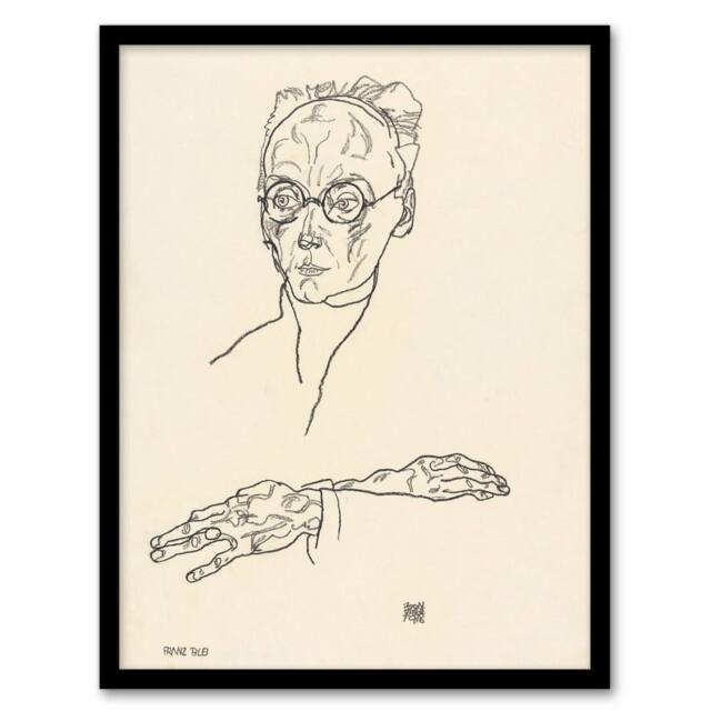 Artery8 Franz Blei Line Art Portrait Vintage Framed Wall Art Print Egon Schiele in Beige - Size: A4 - image 1