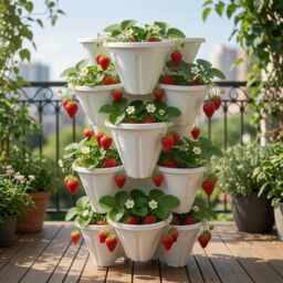 simpa Stackable Tri-Pot Plastic Strawberry Planters 6PC in White - thumbnail 3