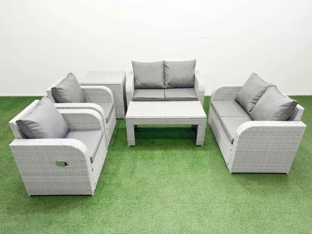 Fimous 6 Seater Outdoor Reclining Chair Love Sofa Set Rattan Garden Furniture Set with Oblong Coffee Table Side Table Light Grey - image 1