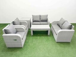 Fimous 6 Seater Outdoor Reclining Chair Love Sofa Set Rattan Garden Furniture Set with Oblong Coffee Table Side Table Light Grey - thumbnail 1