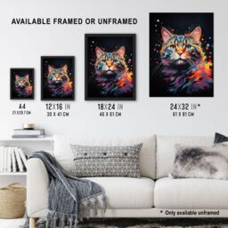 "Artery8 Wall Art Print Tabby Cat Lover Gift Pet Portrait Blue Pink Orange on Black Artwork Painting Art Framed - Size: W12"" x H16""" - thumbnail 3