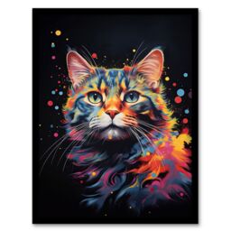 "Artery8 Wall Art Print Tabby Cat Lover Gift Pet Portrait Blue Pink Orange on Black Artwork Painting Art Framed - Size: W12"" x H16""" - thumbnail 1