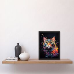 "Artery8 Wall Art Print Tabby Cat Lover Gift Pet Portrait Blue Pink Orange on Black Artwork Painting Art Framed - Size: W12"" x H16""" - thumbnail 4