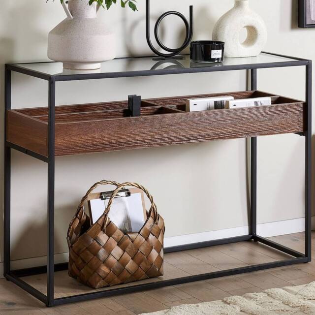 Wyld and Coco Console Dark Brown Glass Top 110 x 40 cm Metal Frame Storage - image 1