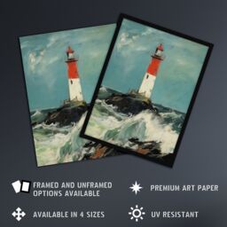 "Artery8 Wall Art Print Solitary Lighthouse Against A Stormy Sea Modern Oil Painting Ocean Colours With Red Art Framed in Black - Size: W12"" x H16""" - thumbnail 2
