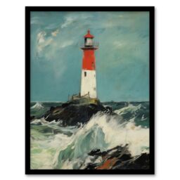 "Artery8 Wall Art Print Solitary Lighthouse Against A Stormy Sea Modern Oil Painting Ocean Colours With Red Art Framed in Black - Size: W12"" x H16""" - thumbnail 1