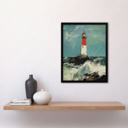 "Artery8 Wall Art Print Solitary Lighthouse Against A Stormy Sea Modern Oil Painting Ocean Colours With Red Art Framed in Black - Size: W12"" x H16""" - thumbnail 4