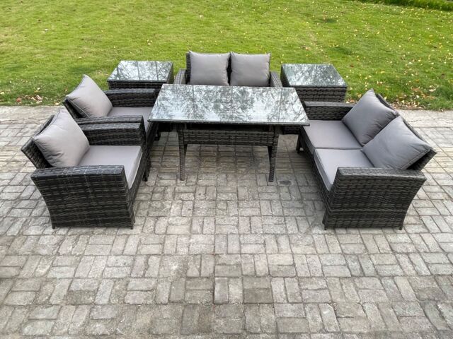 Fimous Rattan Garden Furniture Set Patio Outdoor Lounge Sofa Set with Oblong Dining Table Double Seat Sofa 2 Side Tables in Dark Grey