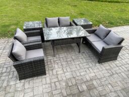 Fimous Rattan Garden Furniture Set Patio Outdoor Lounge Sofa Set with Oblong Dining Table Double Seat Sofa 2 Side Tables in Dark Grey - thumbnail 2