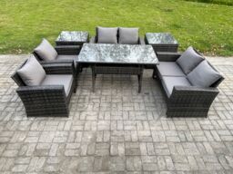 Fimous Rattan Garden Furniture Set Patio Outdoor Lounge Sofa Set with Oblong Dining Table Double Seat Sofa 2 Side Tables in Dark Grey - thumbnail 1
