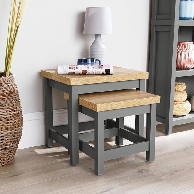Home Source Nest of 2 Tables Coffee Occasional Side End 36mm Oak Top Nested Set in Dark Grey - image 1